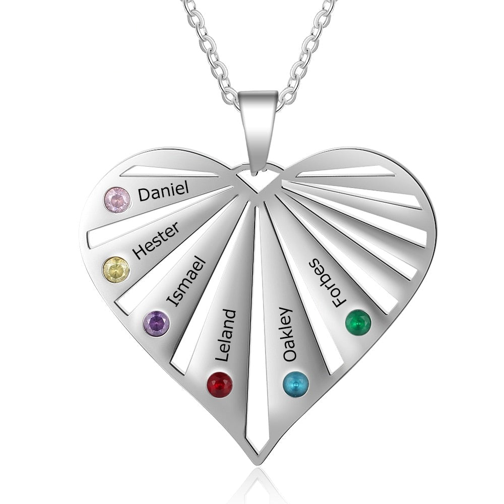 Personalized 6 Birthstones Necklaces for Women Custom Name Heart Stainless Steel Pendant - MERGE.DAY.1.FREESTYLE