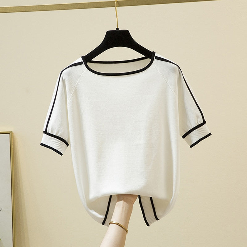 Thin Knitted T Shirt Women Short Sleeve Summer Tops Woman Clothes Striped Fashion T-Shirt - MERGE.DAY.1.FREESTYLE