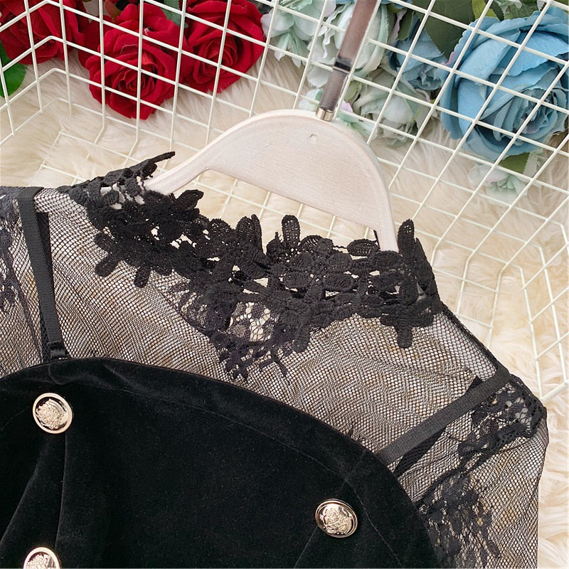 Long Sleeve Lace Embroidery Shirt Women Double Breasted Playsuits Slim Velvet Jumpsuits - MERGE.DAY.1.FREESTYLE