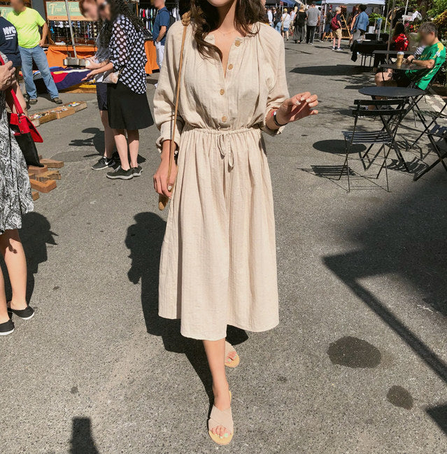 Long Shirt Dress Women Cotton Round Collar Slim Waist Drawstring Solid Color Sundress - MERGE.DAY.1.FREESTYLE