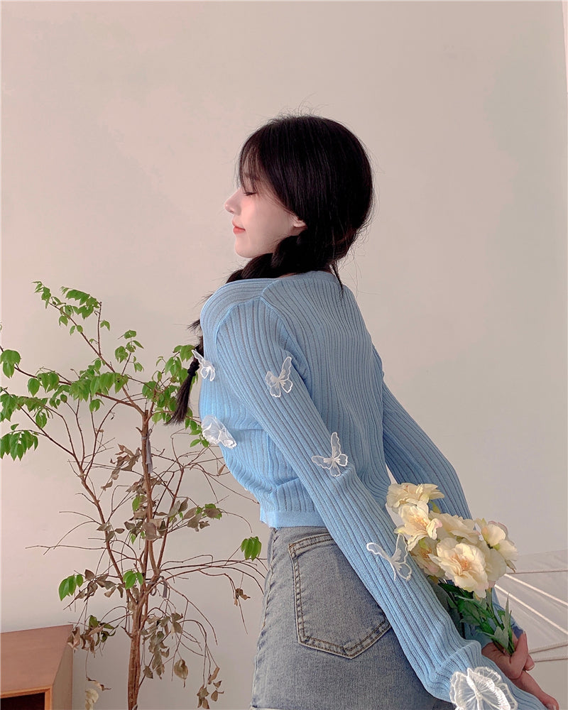 Butterfly Knit Cardigans Women V-Neck Crop Tops Ladies Summer Thin Long Sleeved - MERGE.DAY.1.FREESTYLE