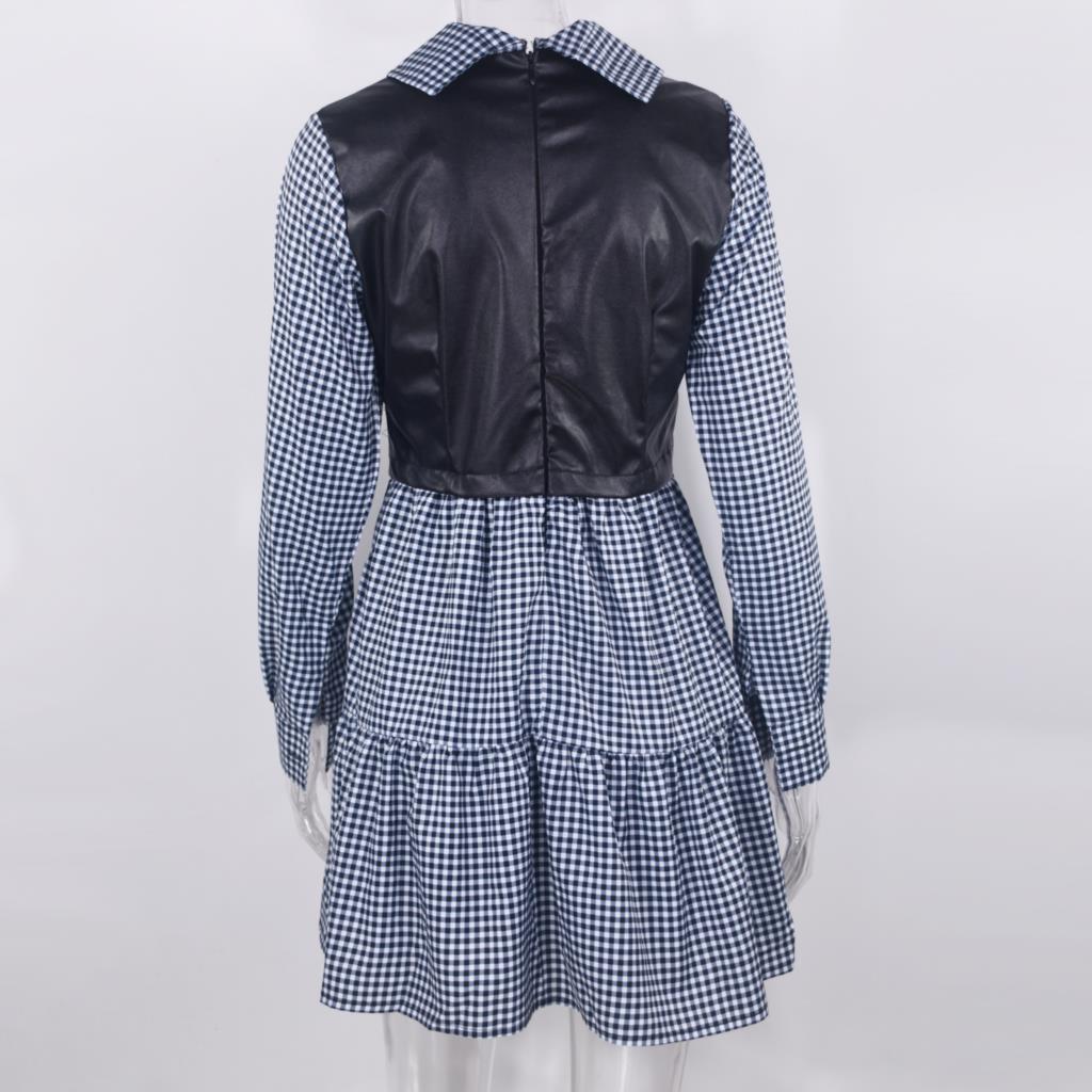 Long Sleeve Mini Shirt Dress For Women White 2022 Spring PU Leather Patchwork Plaid Dresses - MERGE.DAY.1.FREESTYLE