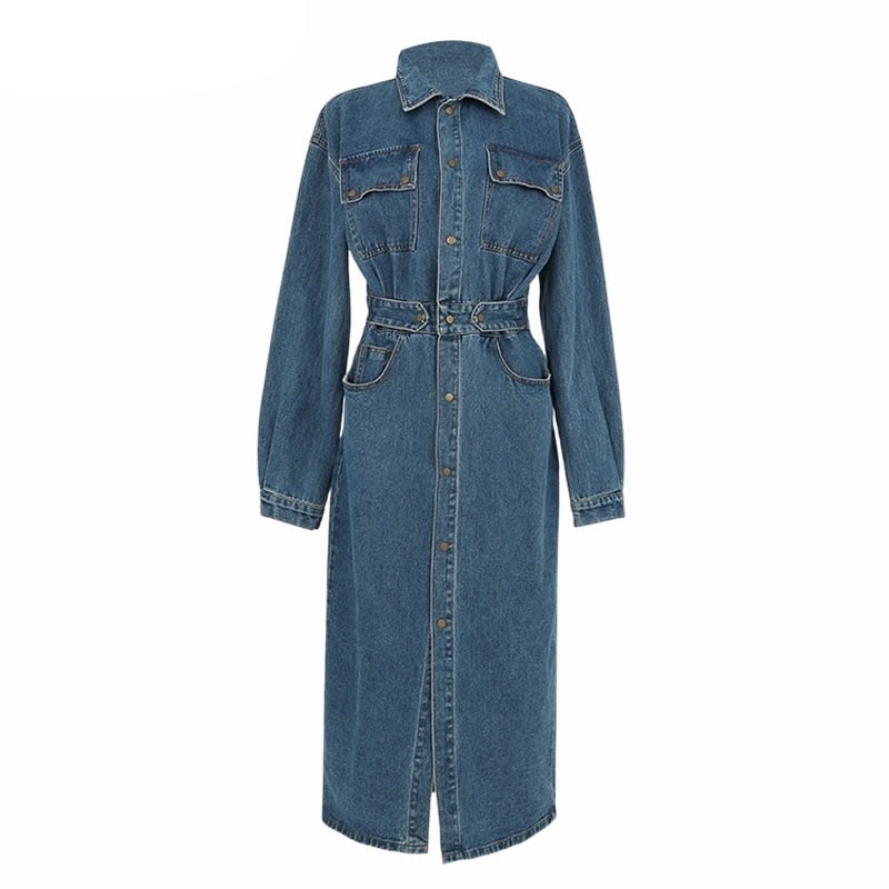 Denim Dress Full Sleeve Single-breasted Pockets Slim Waist Mid-length - MERGE.DAY.1.FREESTYLE