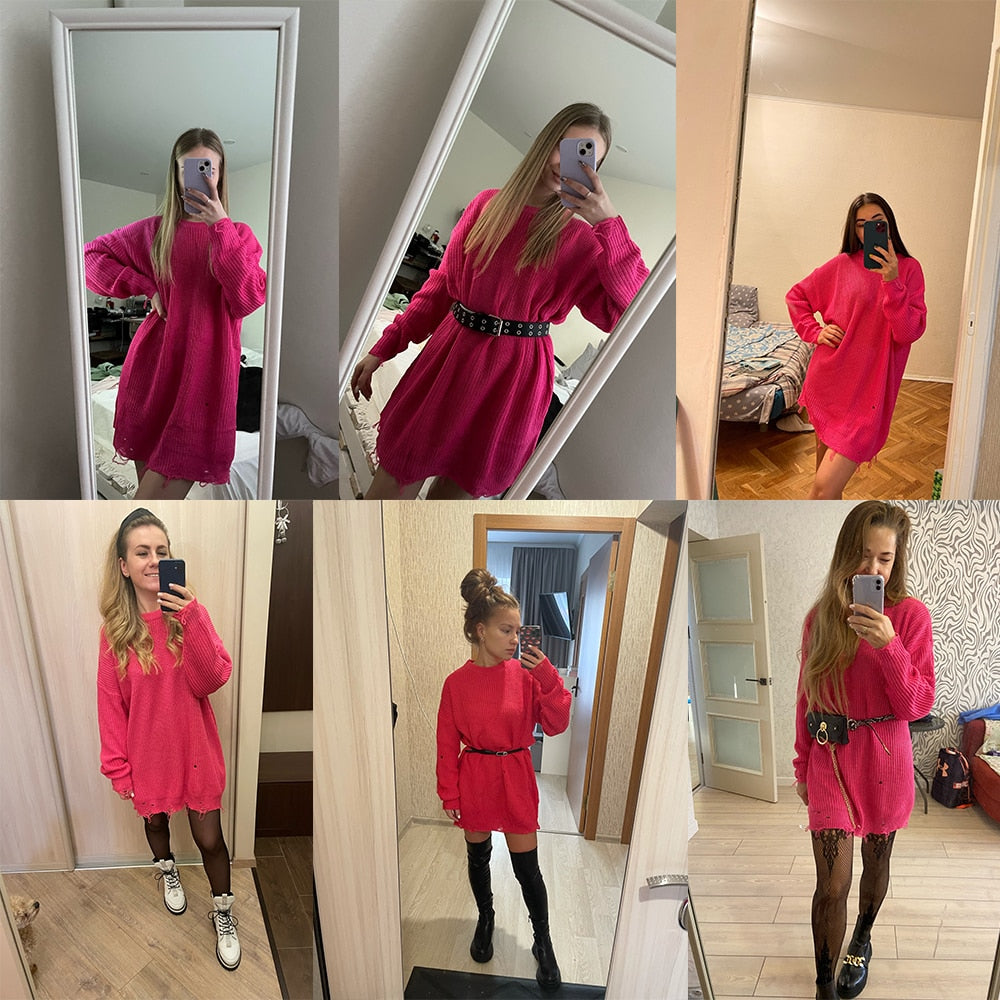 O Neck Oversized Mini Knitted Women Sweater Loose Dresses Autumn Winter Long Sleeve - MERGE.DAY.1.FREESTYLE