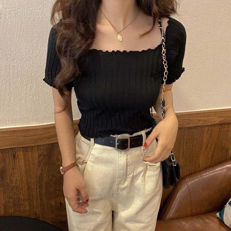 Women Off Shoulder T-shirts Knitted Ruffles Hem Crop Tops Short Sleeve T-shirts - MERGE.DAY.1.FREESTYLE