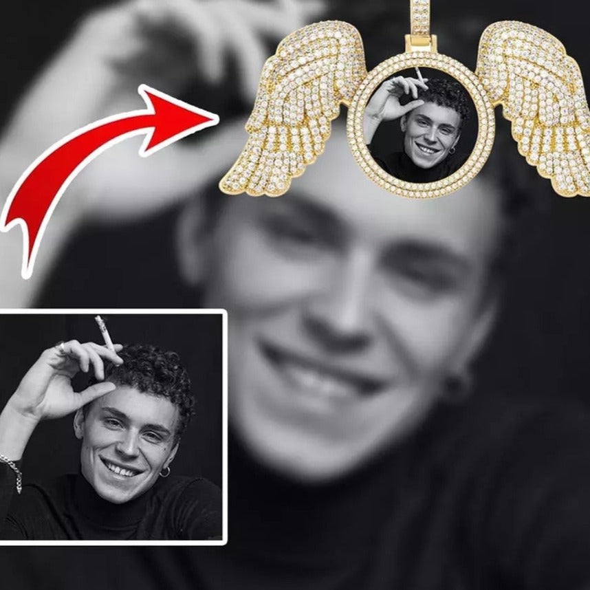 Angel Wings Custom Photo Medallion Necklace Iced Out Cubic Zirconia Pendant Hip Hop Jewelry - MERGE.DAY.1.FREESTYLE