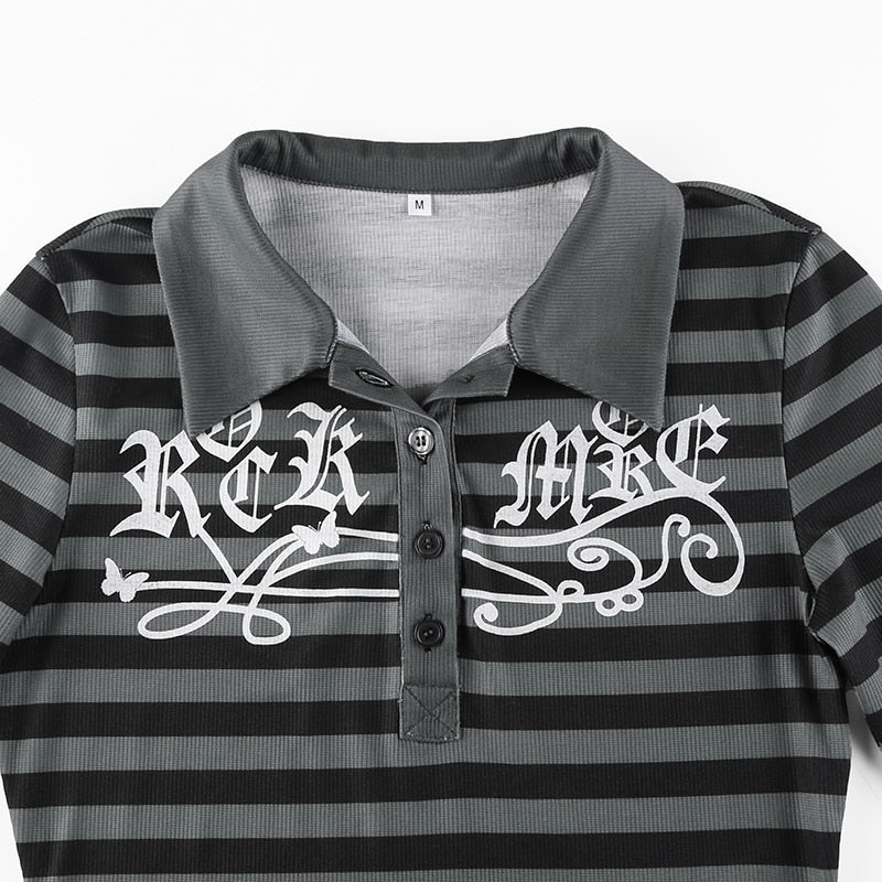 Goth Print Tops Stripe Cute T-Shirts Dark Academia Techwear Button Up V Neck Half Sleeve Sweat Shirts - MERGE.DAY.1.FREESTYLE