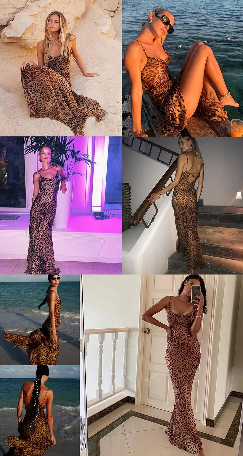Leopard Print V-Neck Sexy Bodycon Long Dress Women Lace Up Backless Beach Vestidos - MERGE.DAY.1.FREESTYLE