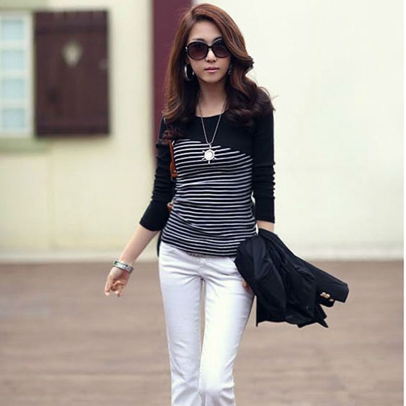 Spring-autumn new all-match Slim pullover striped stitching T-shirt long-sleeved bottoming shirt - MERGE.DAY.1.FREESTYLE