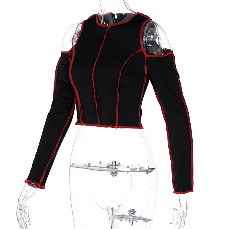 Goth Hollow Out Fashion Tshirt Women Long Sleeve Crop Top T Shirt Punk Streetwear Gothic Tee - MERGE.DAY.1.FREESTYLE