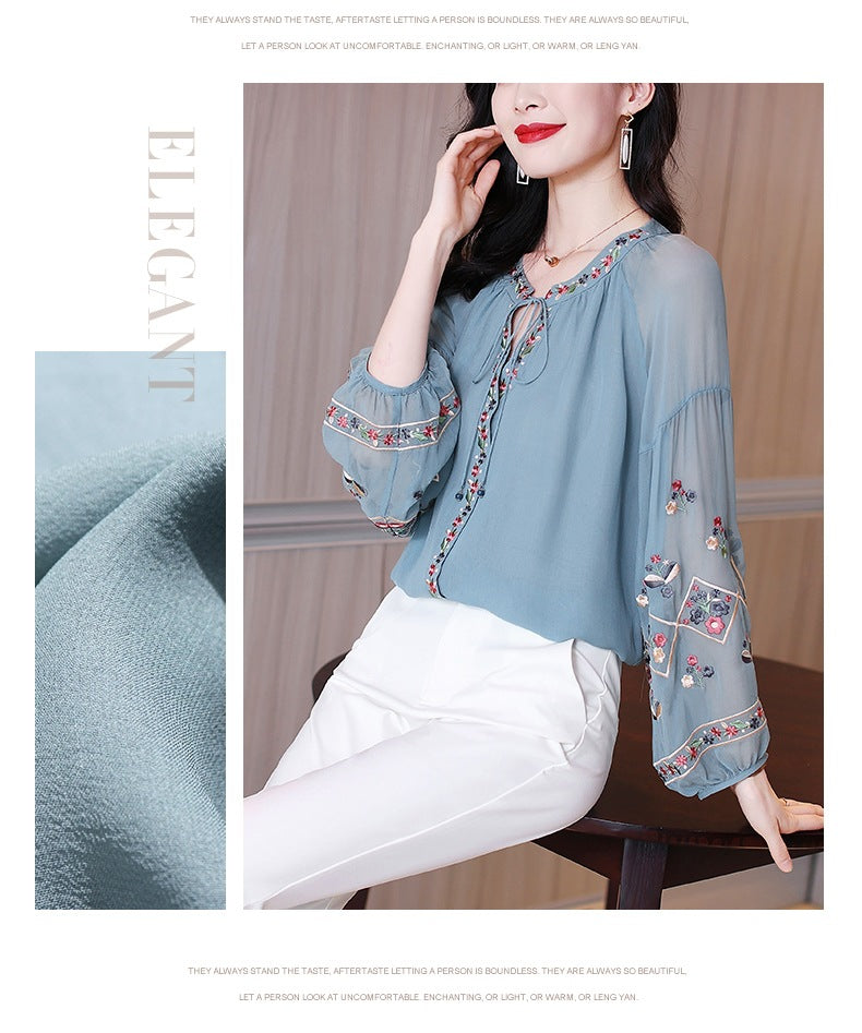 Chiffon Embroidery Blouse Long Lantern Sleeve Loose Top Casual Wear Oversize Casual Wear - MERGE.DAY.1.FREESTYLE