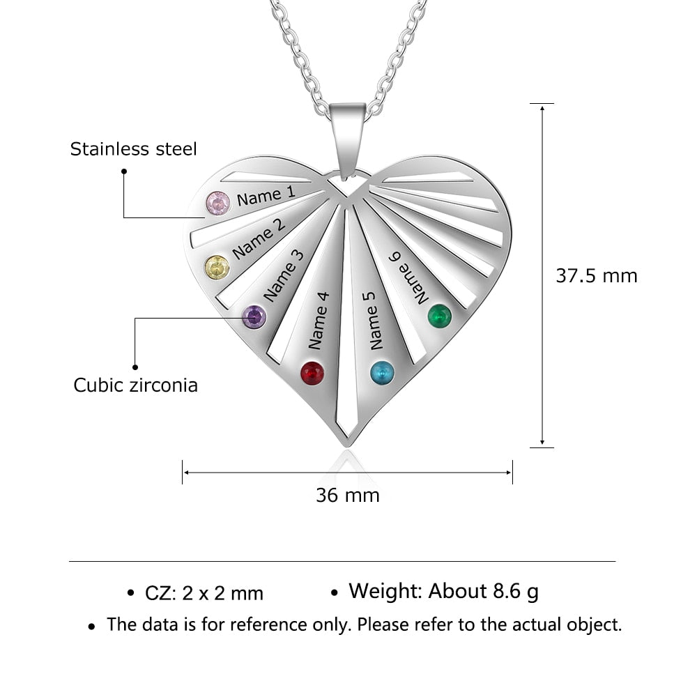 Personalized 6 Birthstones Necklaces for Women Custom Name Heart Stainless Steel Pendant - MERGE.DAY.1.FREESTYLE