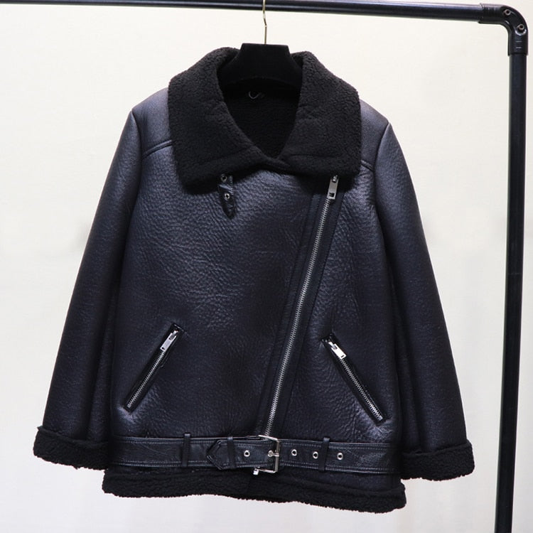 Faux Lamb Leather Jacket Pu Moto Zipper Jacket Warm Thick Outerwear - MERGE.DAY.1.FREESTYLE