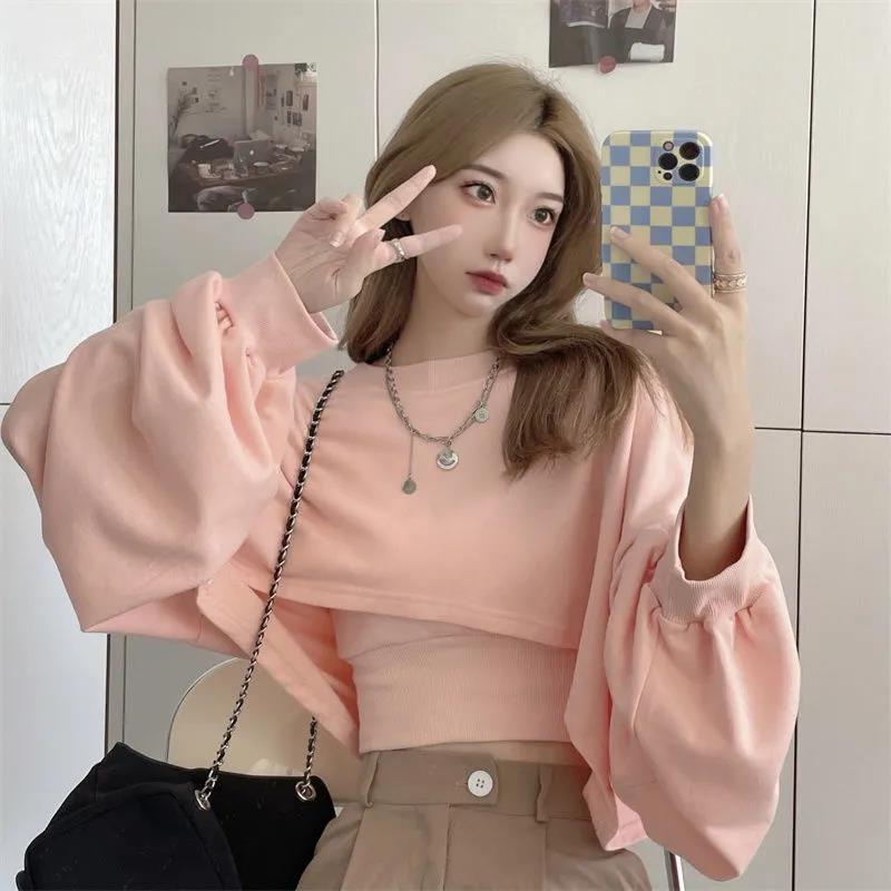 Autumn Two Piece Suit Hoodies Women Loose Bat Sleeve Tops Fashion Popular Crop Sweatshirts+Camis - MERGE.DAY.1.FREESTYLE