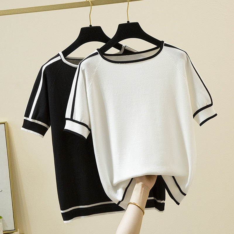 Thin Knitted T Shirt Women Short Sleeve Summer Tops Woman Clothes Striped Fashion T-Shirt - MERGE.DAY.1.FREESTYLE