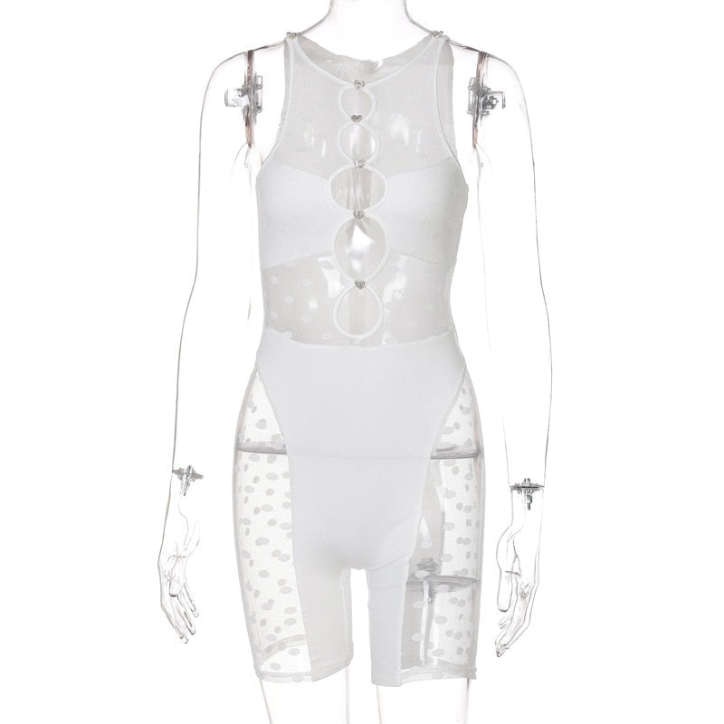 Mesh Sheer Patchwork Playsuit Birthday for Women Y2k Clothes Shorts Rompers - MERGE.DAY.1.FREESTYLE