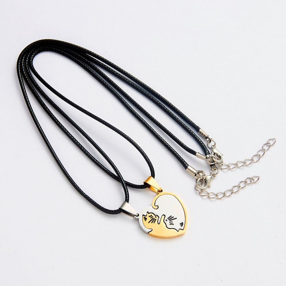 Black White Cat Stitching Necklace Friendship Heart Shape Gold White Cat Cute Couple Jewelry - MERGE.DAY.1.FREESTYLE