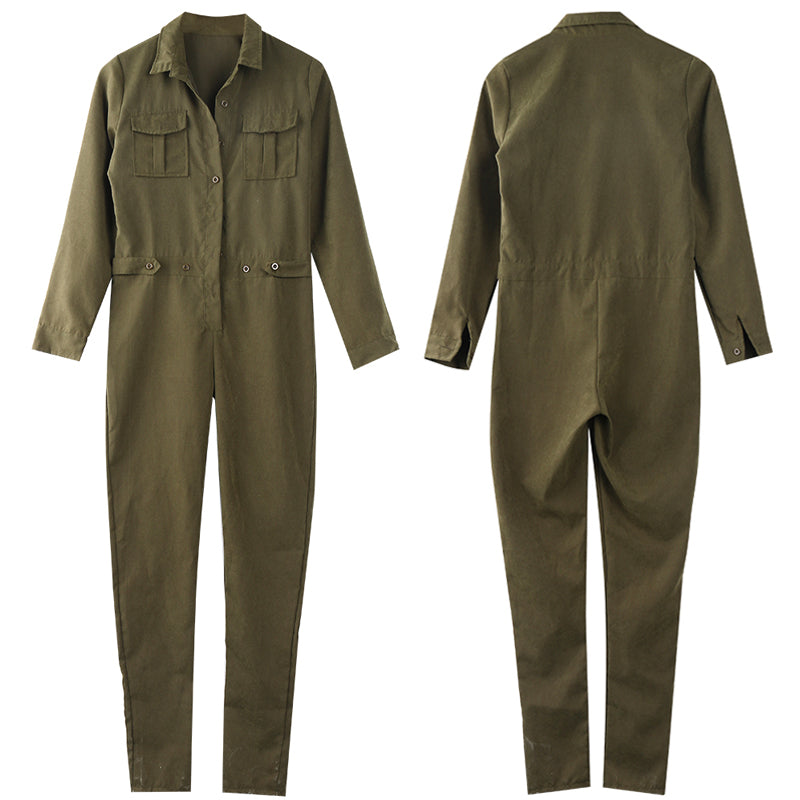 Vintage Romper Long Pants Women Slim Bodycon Long Sleeve Army Green Solid Jumpsuit - MERGE.DAY.1.FREESTYLE