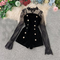 Long Sleeve Lace Embroidery Shirt Women Double Breasted Playsuits Slim Velvet Jumpsuits - MERGE.DAY.1.FREESTYLE