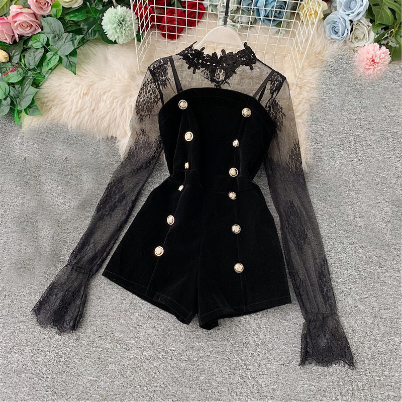 Long Sleeve Lace Embroidery Shirt Women Double Breasted Playsuits Slim Velvet Jumpsuits - MERGE.DAY.1.FREESTYLE
