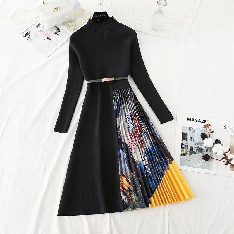 Knitted Patchwork Gradient Print Pleated Dress Long Sleeve Office One-Piece Sweater Dress With Belt - MERGE.DAY.1.FREESTYLE
