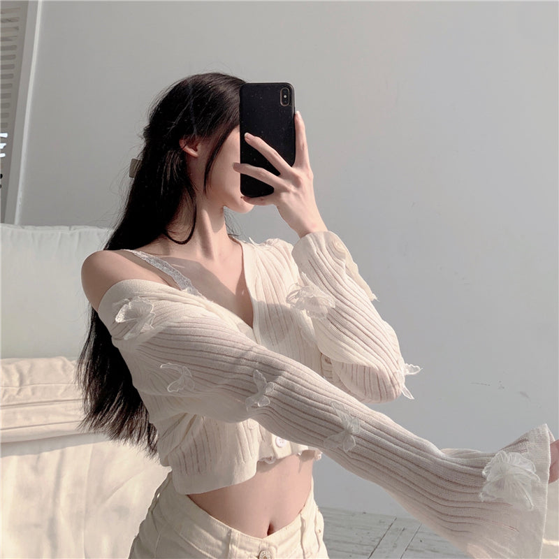 Butterfly Knit Cardigans Women V-Neck Crop Tops Ladies Summer Thin Long Sleeved - MERGE.DAY.1.FREESTYLE
