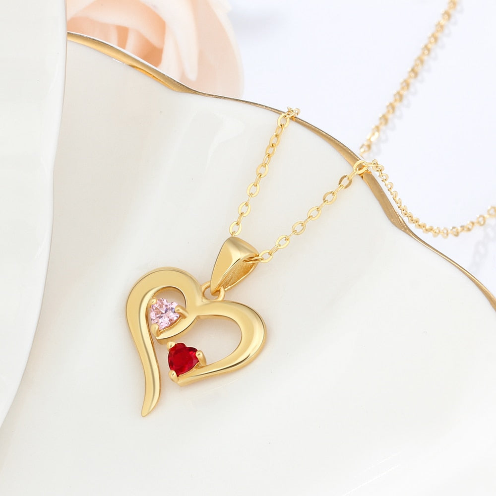 925 Sterling Silver Heart Necklace with 2 Birthstones Custom Engrave Name Pendant - MERGE.DAY.1.FREESTYLE