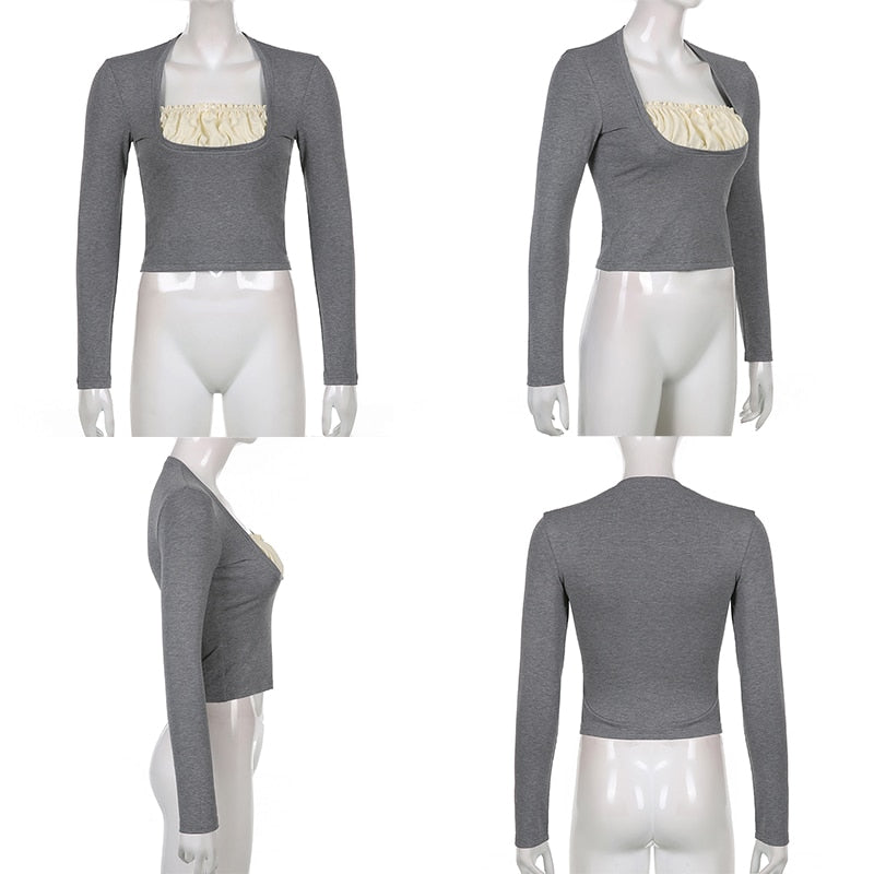 Patchwork Slim Tops Tee Long Sleeves Square Collar Retro Casual Tshirts - MERGE.DAY.1.FREESTYLE