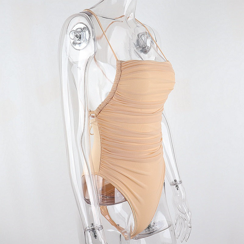 Sleeveless Chic Fashion Mesh Ruched Halter Bodysuit Women Female Tie Up Backless Body Suit - MERGE.DAY.1.FREESTYLE