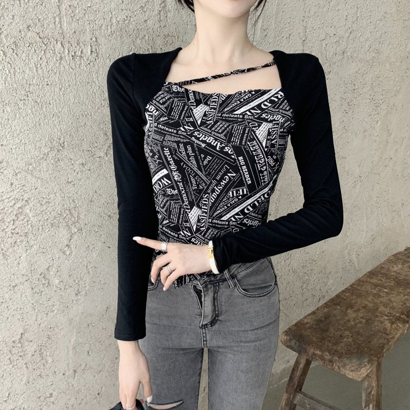 Letter Printed T-shirt Women Fake Two-piece Sexy Slim Long Sleeved Tops Female Cropped Tops - MERGE.DAY.1.FREESTYLE