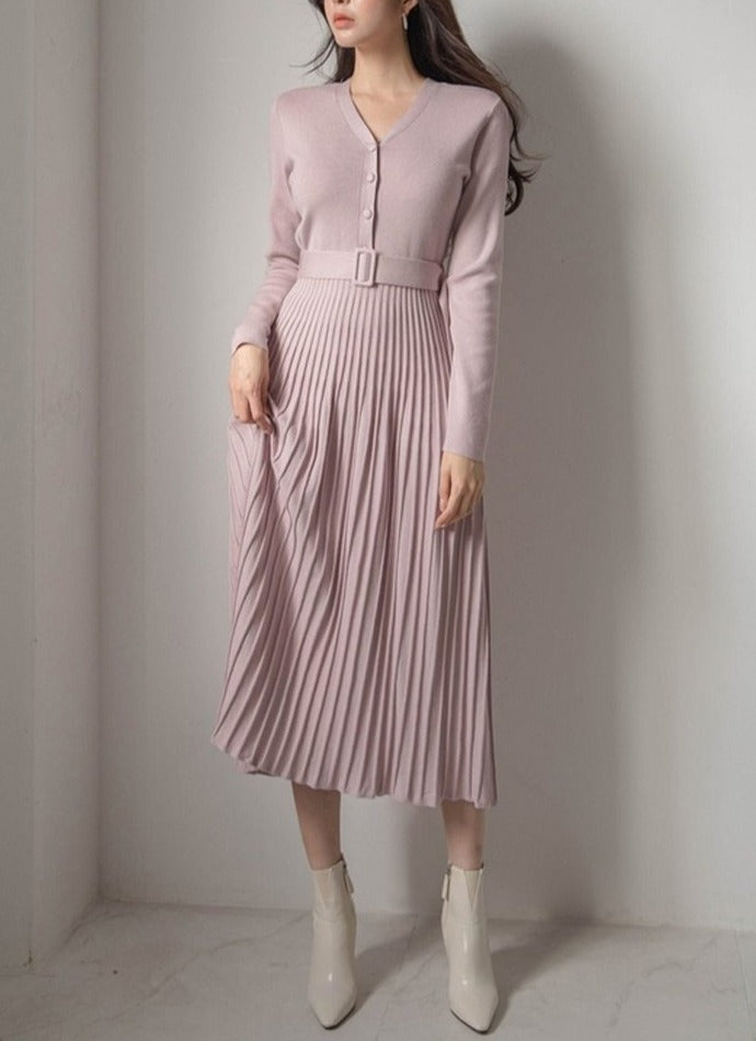 V-neck Single-breasted Women Thicken Sweater Dress Knitted Belted Female A-line soft dresses - MERGE.DAY.1.FREESTYLE