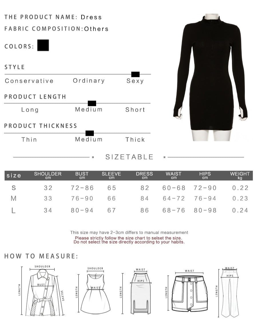 Spring Autumn Stretch Slim Soft Ribbed Knitted Turtleneck Casual Bodycon Zip Dress - MERGE.DAY.1.FREESTYLE