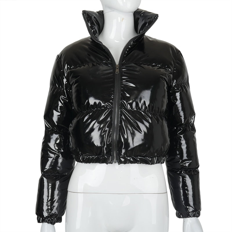 Faux PU Leather Y2K Bubble Puffer Winter Warm Jacket Women Long Sleeve Coats - MERGE.DAY.1.FREESTYLE