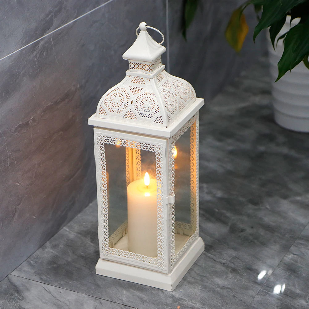 Rustic Style White Metal Candle Lantern Large Decorative Candlestick Holder with Tempered Glass for Home Decor - MERGE.DAY.1.FREESTYLE