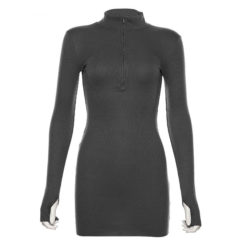 Spring Autumn Stretch Slim Soft Ribbed Knitted Turtleneck Casual Bodycon Zip Dress - MERGE.DAY.1.FREESTYLE