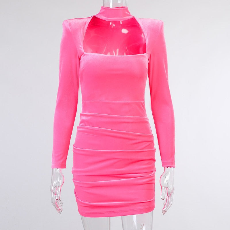 Velvet Women High Neck Long Sleeve Mini Dress Ruched Hollow Out Shoulder Pad Bodycon - MERGE.DAY.1.FREESTYLE