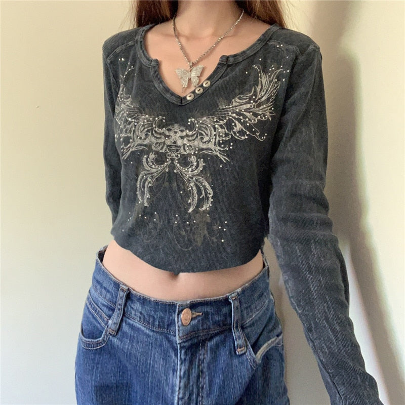 Graphic Print Retro Crop Tshirts Harajuku Grunge Fairycore Clothes - MERGE.DAY.1.FREESTYLE