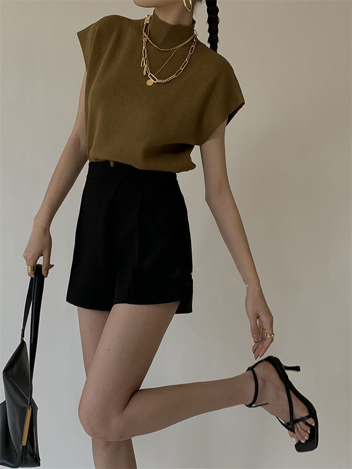 French Turtleneck Knitted Women Spring Summer Design Loose Short Sleeve Cropped Tops Female - MERGE.DAY.1.FREESTYLE