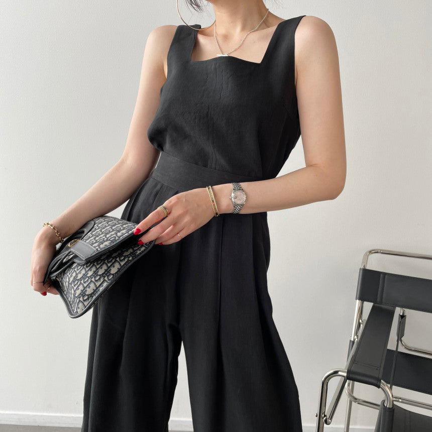 Office Ladies 2-Piece Women Square Neck Loose Vest Top + High Waist Pleated Wide Leg Pants - MERGE.DAY.1.FREESTYLE