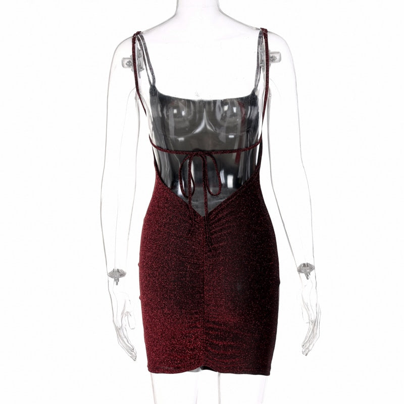 Bling Glitter Sequin Women Strap Mini Dress Ruched Lace Up Backless Bodycon - MERGE.DAY.1.FREESTYLE