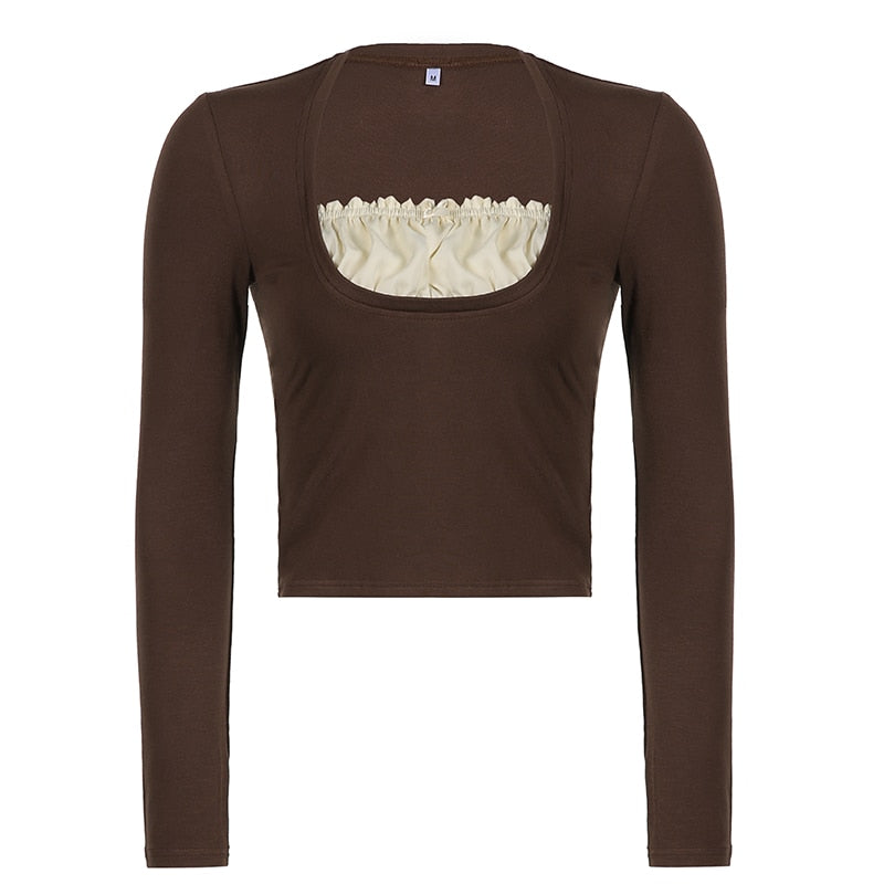 Patchwork Slim Tops Tee Long Sleeves Square Collar Retro Casual Tshirts - MERGE.DAY.1.FREESTYLE