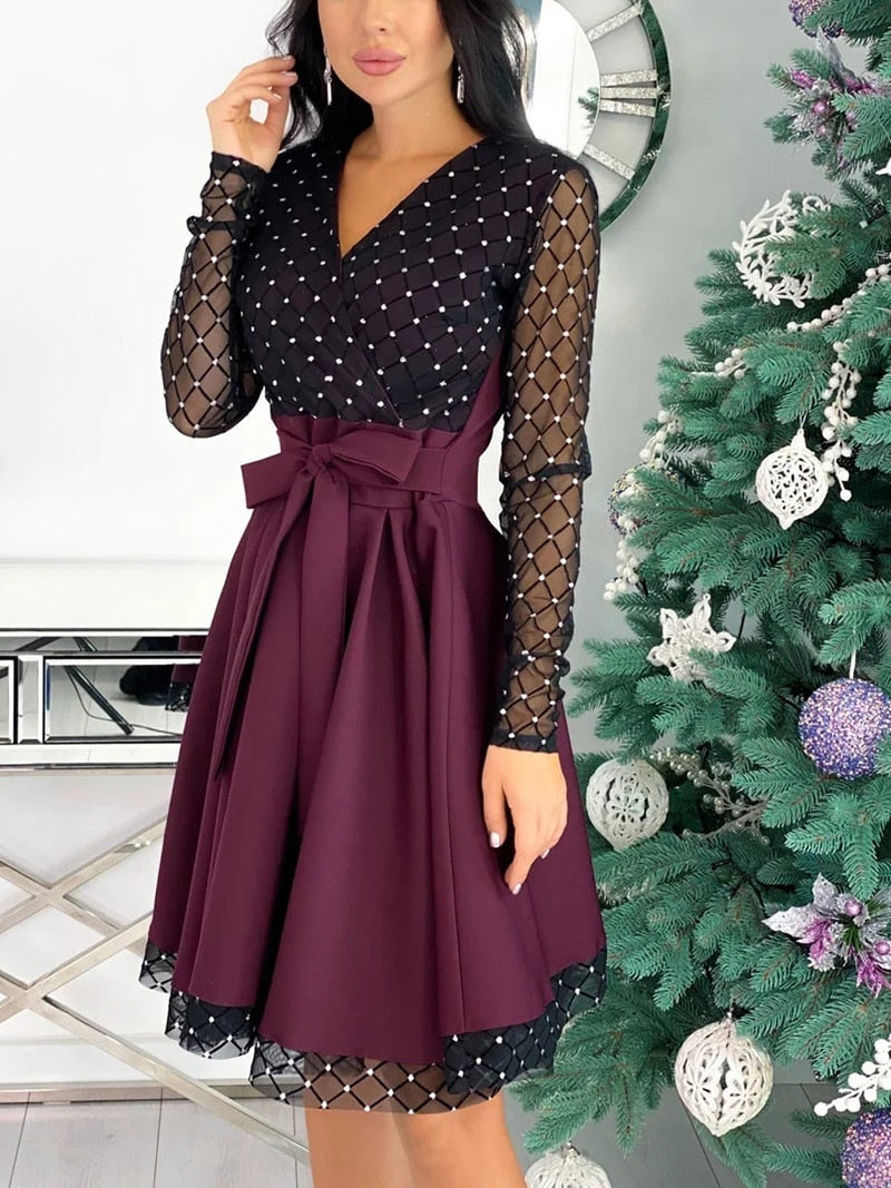Shiny Sequin Diamond Mesh Stitching Dress Women Spring Autumn Sheer Long Sleeve Belted Slim A Line Dresses - MERGE.DAY.1.FREESTYLE