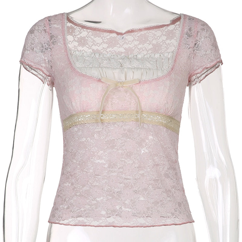 Trim Crop Top Bow Cute Sweet T Shirt Women Retro Short Sleeve Lace Patched Tshirt - MERGE.DAY.1.FREESTYLE