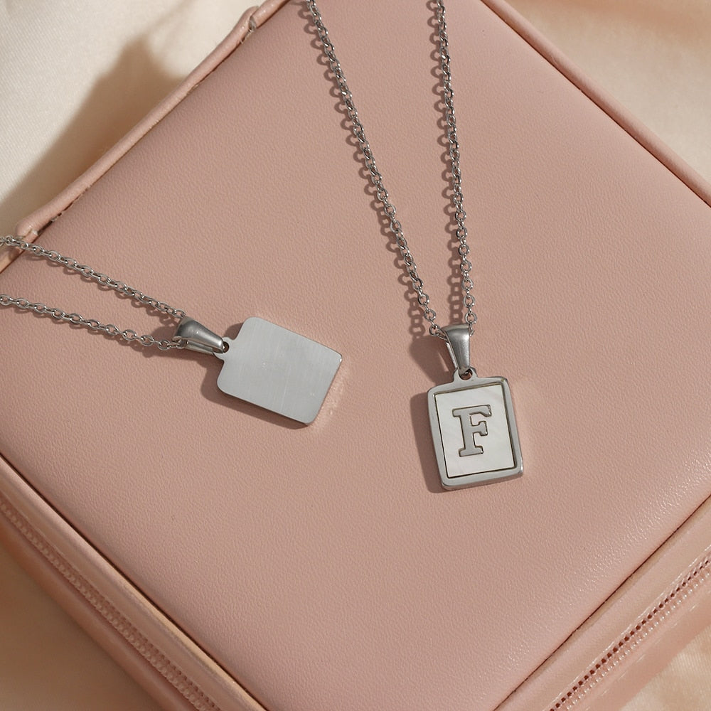 18K Golden Chain Necklaces Male Square Natural Shell Initial Letters Pendant Stainless Steel Jewelry - MERGE.DAY.1.FREESTYLE