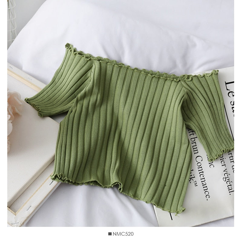 Women Off Shoulder T-shirts Knitted Ruffles Hem Crop Tops Short Sleeve T-shirts - MERGE.DAY.1.FREESTYLE