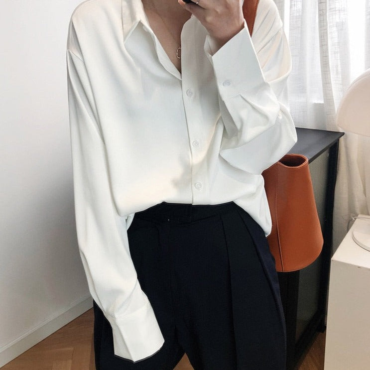 Satin Shirts Long Sleeve Turn Down Collar Elegant Office Ladies Workwear - MERGE.DAY.1.FREESTYLE