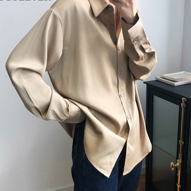 Satin Shirts Long Sleeve Turn Down Collar Elegant Office Ladies Workwear - MERGE.DAY.1.FREESTYLE