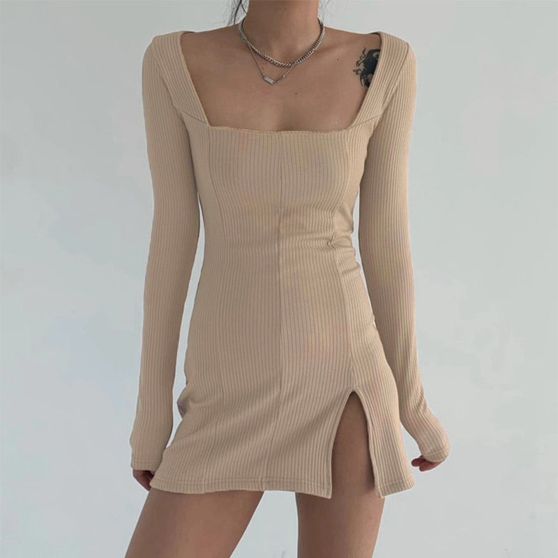 Square Neck Ribbed Black Dress Female Knitted Side Split Bodycon Dress Long Sleeve Mini Dresses - MERGE.DAY.1.FREESTYLE