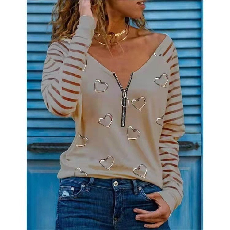 Love Printing T-shirt Sexy V-neck Zipper Neck Long-sleeved T-shirt Casual Loose Pullover Top - MERGE.DAY.1.FREESTYLE