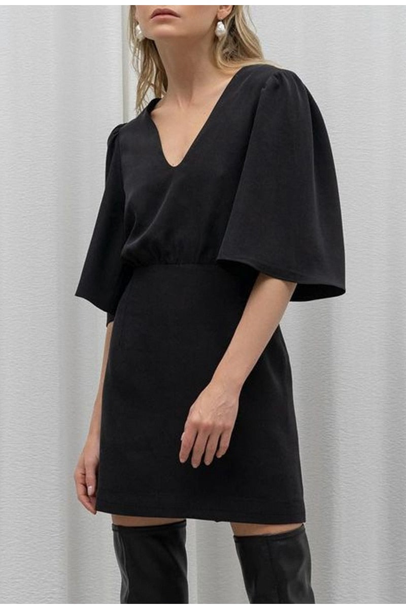 black short sleeve summer women dress 2022 Sexy V-neck solid High Street dress A-line mini Vestido - MERGE.DAY.1.FREESTYLE